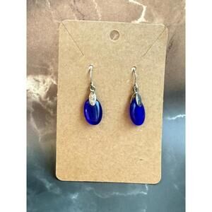 Vintage KC stamped Drop Earrings Sterling Silver Blue Glass 1"